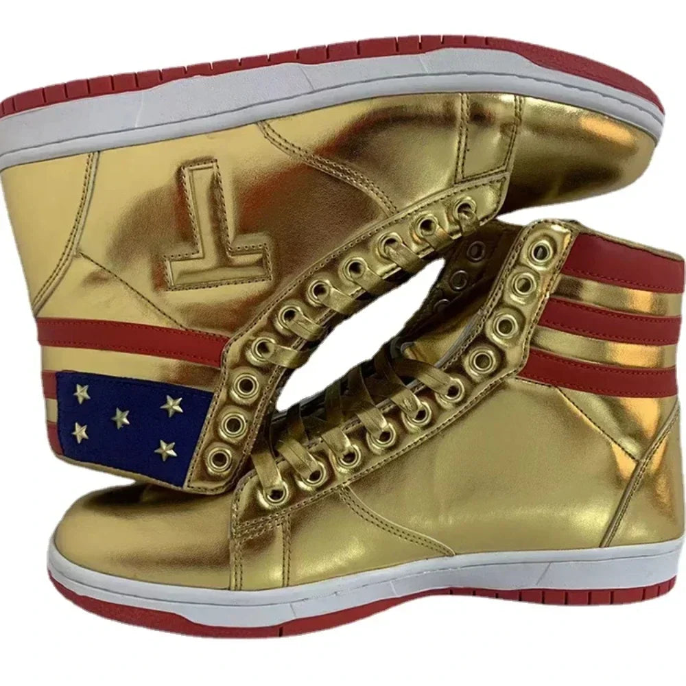 2024 Trump Sneakers Never Surrender Gold Shoes. MAGA President Donald Shoe Mens Womens Casual Boots Road Sneaker