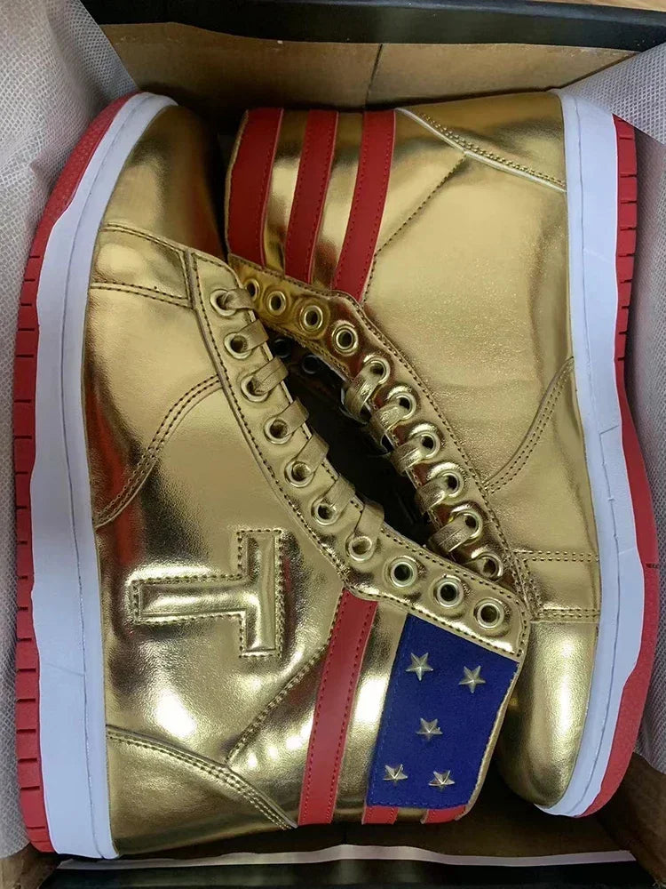 2024 Trump Sneakers Never Surrender Gold Shoes. MAGA President Donald Shoe Mens Womens Casual Boots Road Sneaker